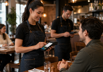 Restaurant employee using a handheld mobile POS device to take a customer’s order at the table.
